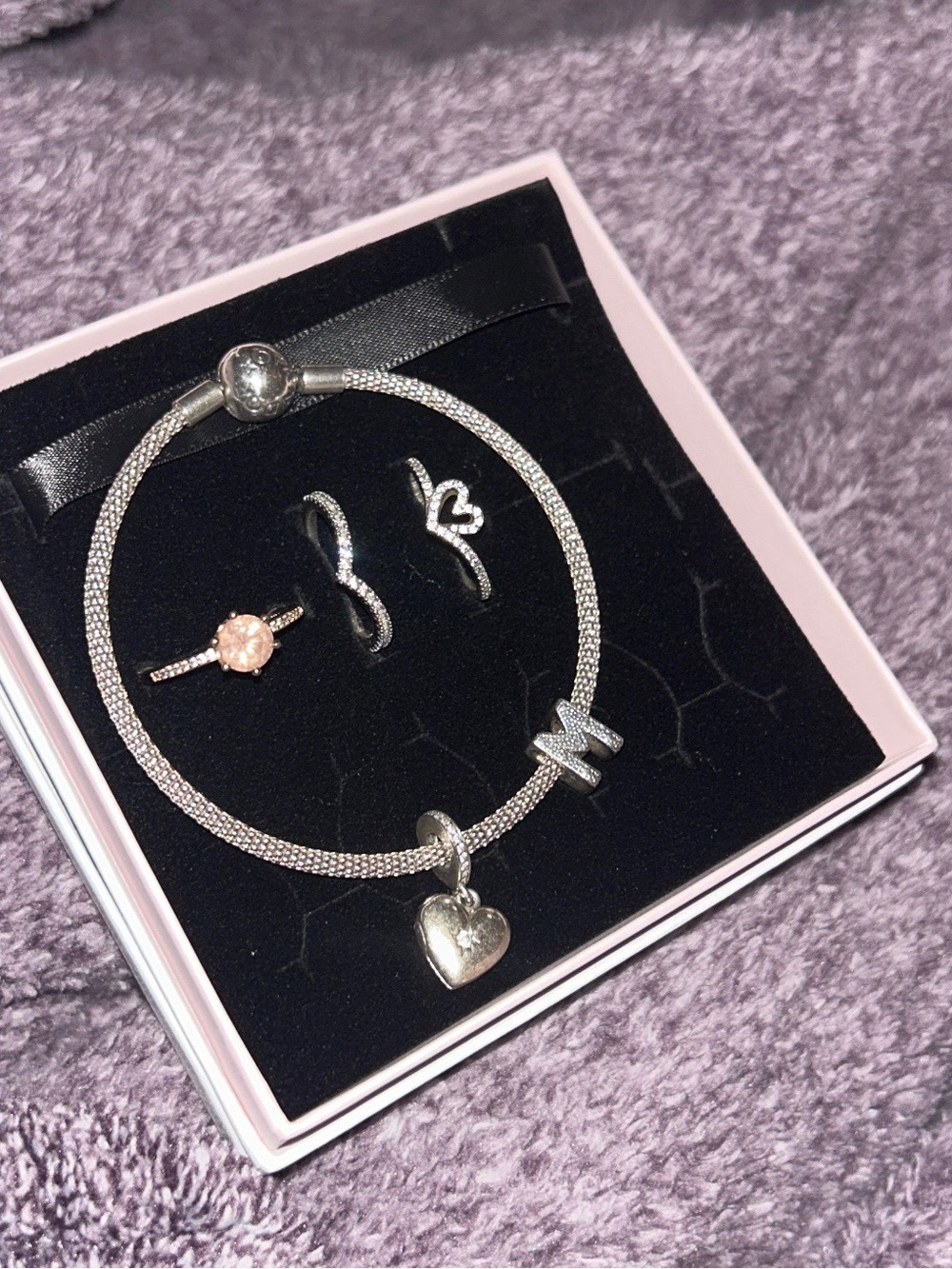 Pandora Silver Mesh Bracelet with Heart Charm and Pink Stone Ring
